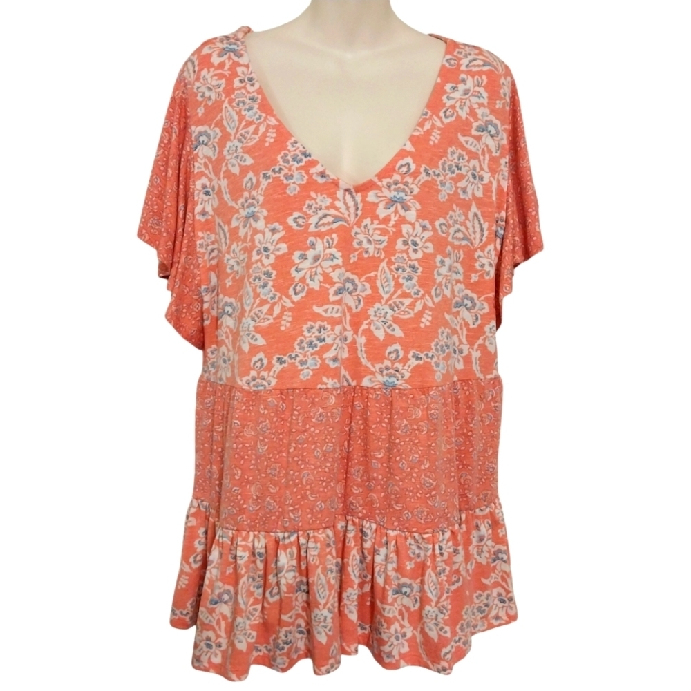 Cato Coral Floral V-Neck Ruffle Tunic Top